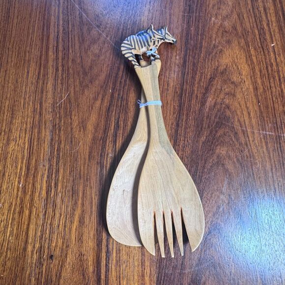 Other - Vintage Hand Carved African Zebra Wooden Salad Spoon & Fork Serving Set NOS